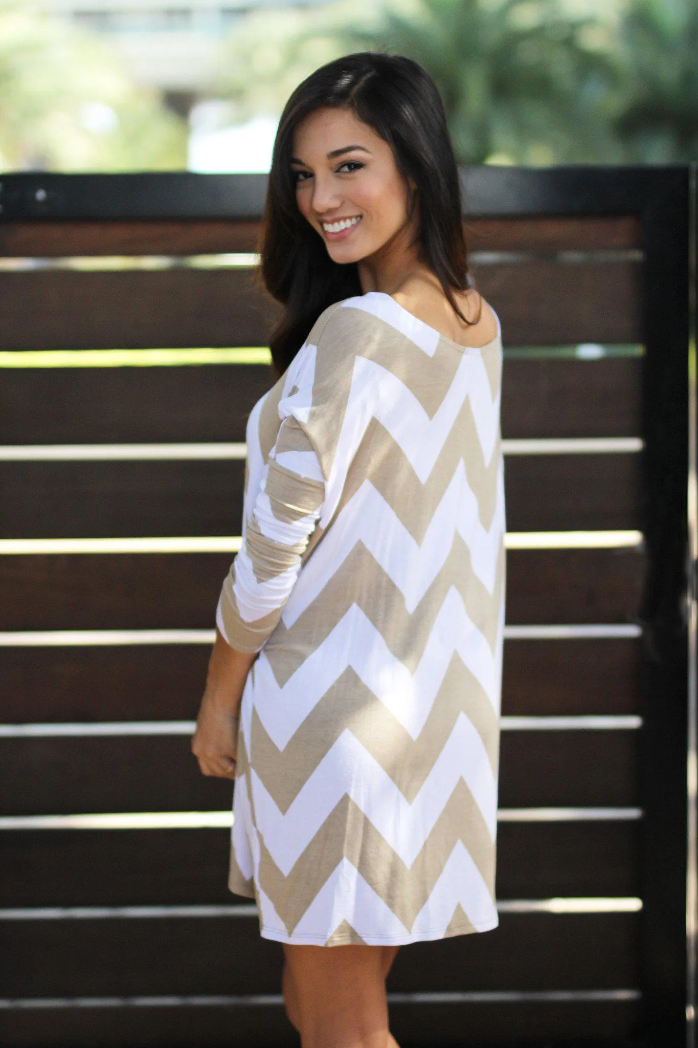 Mocha Chevron Short Dress With 3/4 Sleeves