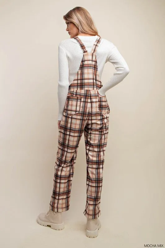 Mocha Mix Plaid Suspender Overalls Jumpsuit