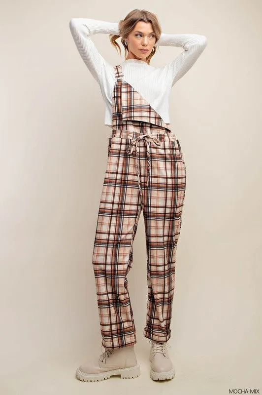 Mocha Mix Plaid Suspender Overalls Jumpsuit