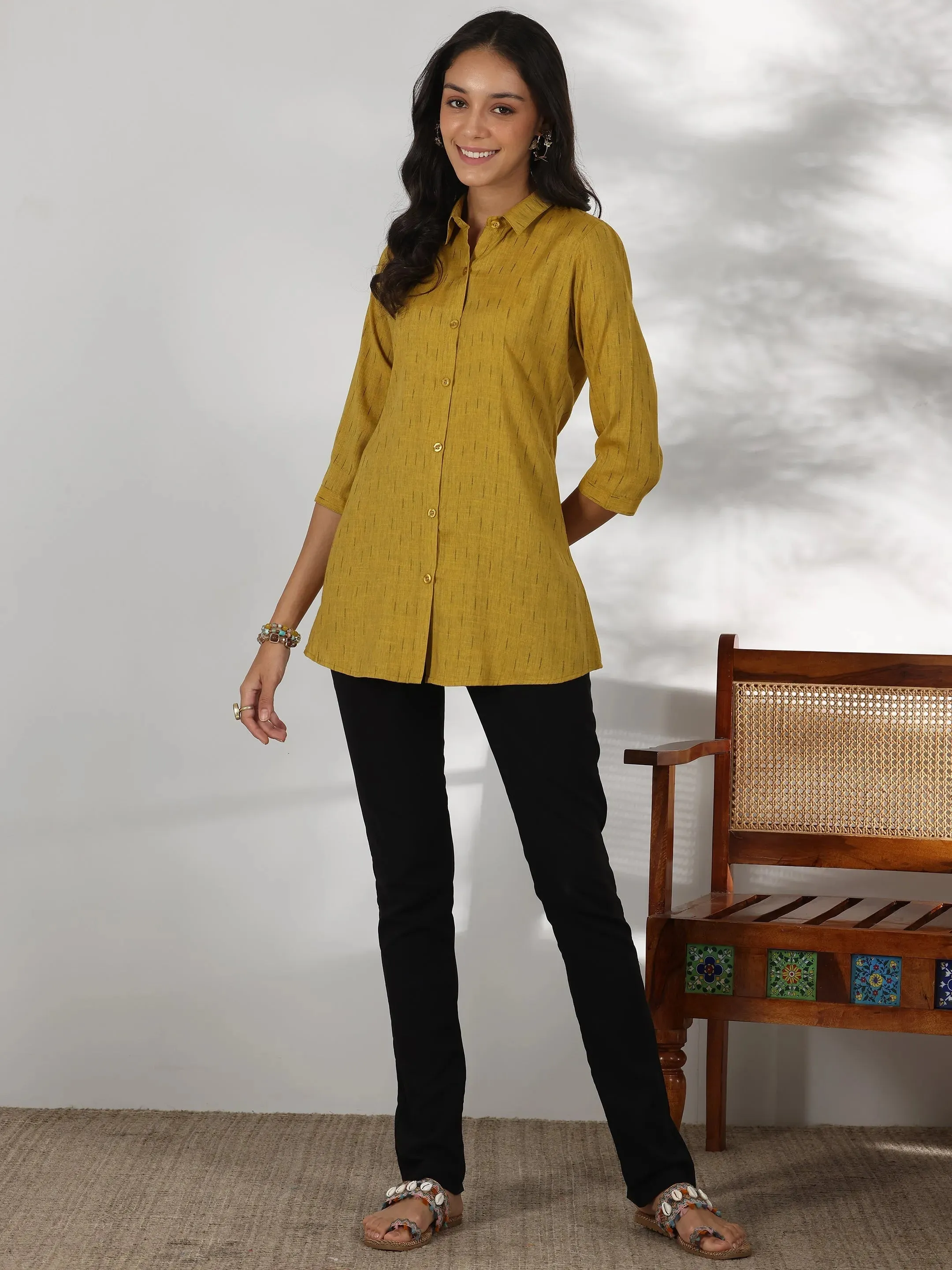 Mustard Self Design Rayon Straight Tunic