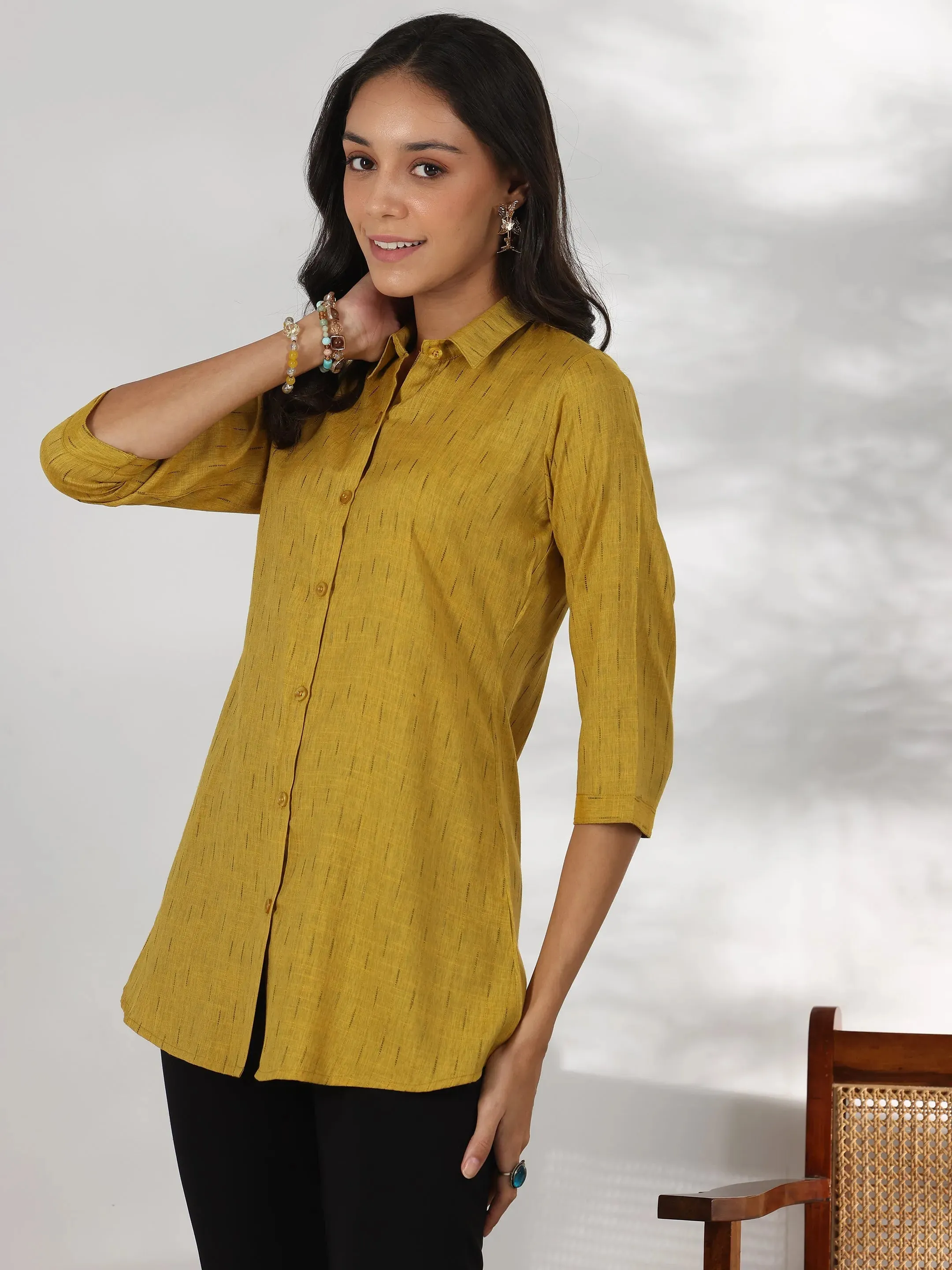 Mustard Self Design Rayon Straight Tunic