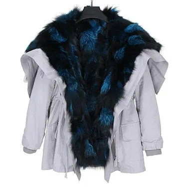 Natural Raccoon Fur Collar Hooded Rex Rabbit Fur Fox Fur Liner Loose Black Parka