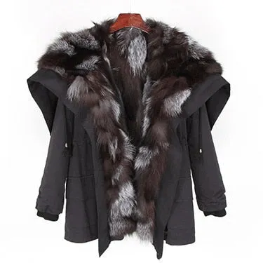 Natural Raccoon Fur Collar Hooded Rex Rabbit Fur Fox Fur Liner Loose Black Parka