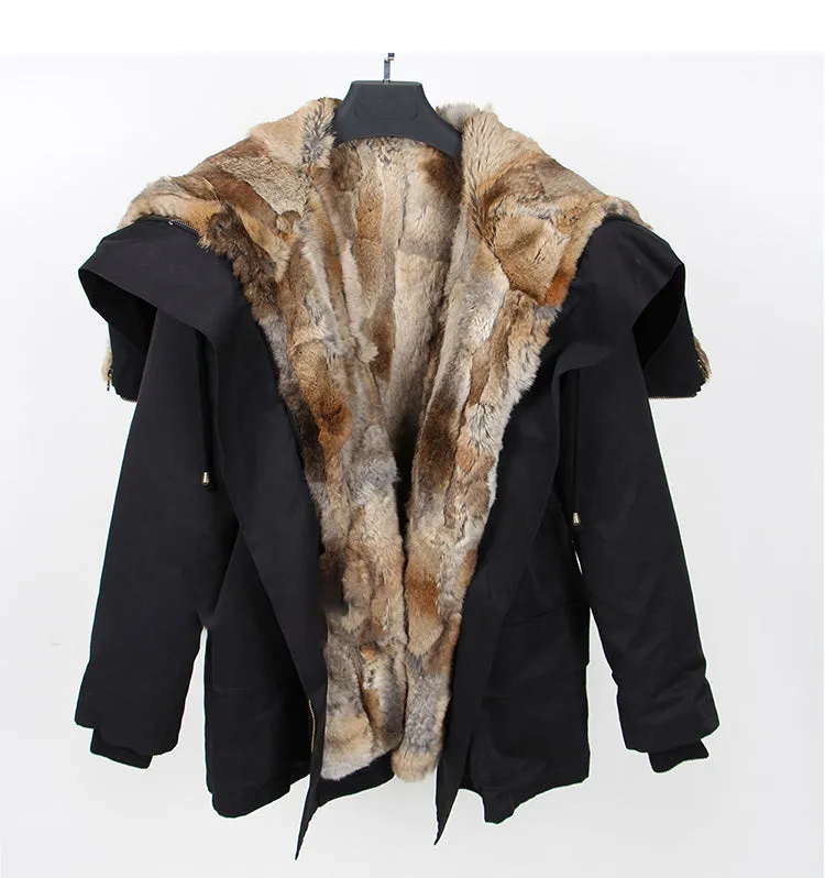 Natural Raccoon Fur Collar Hooded Rex Rabbit Fur Fox Fur Liner Loose Black Parka