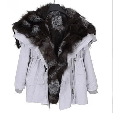 Natural Raccoon Fur Collar Hooded Rex Rabbit Fur Fox Fur Liner Loose Black Parka