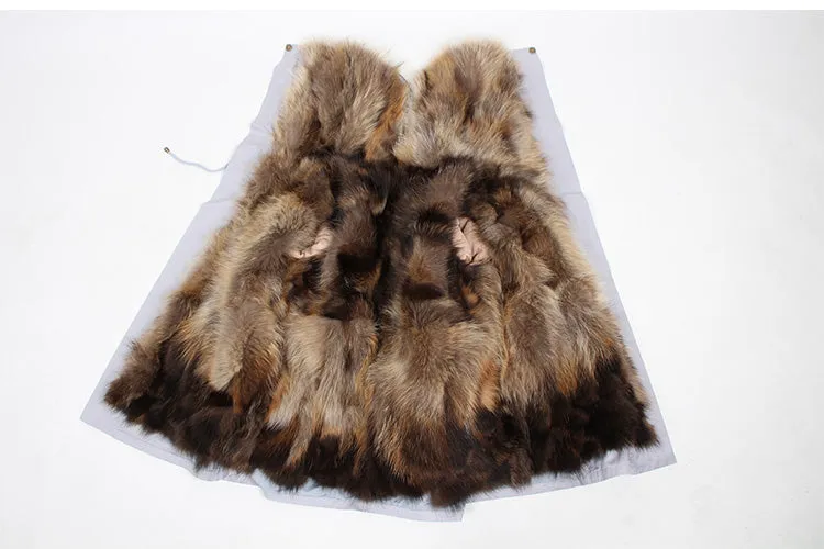 Natural Raccoon Fur Collar Hooded Rex Rabbit Fur Fox Fur Liner Loose Black Parka