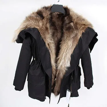 Natural Raccoon Fur Collar Hooded Rex Rabbit Fur Fox Fur Liner Loose Black Parka