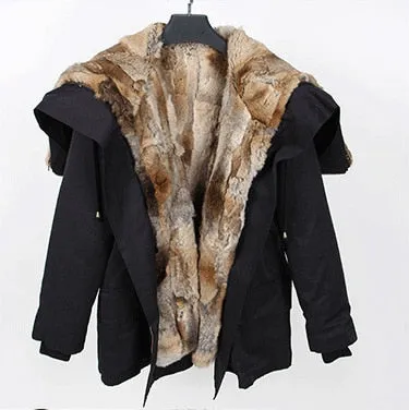 Natural Raccoon Fur Collar Hooded Rex Rabbit Fur Fox Fur Liner Loose Black Parka