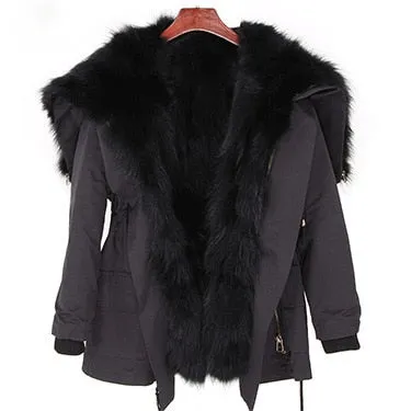 Natural Raccoon Fur Collar Hooded Rex Rabbit Fur Fox Fur Liner Loose Black Parka