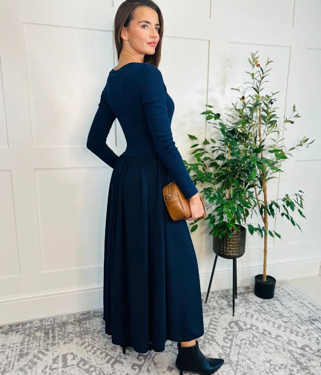 Navy Knitted Bodice Midi Dress