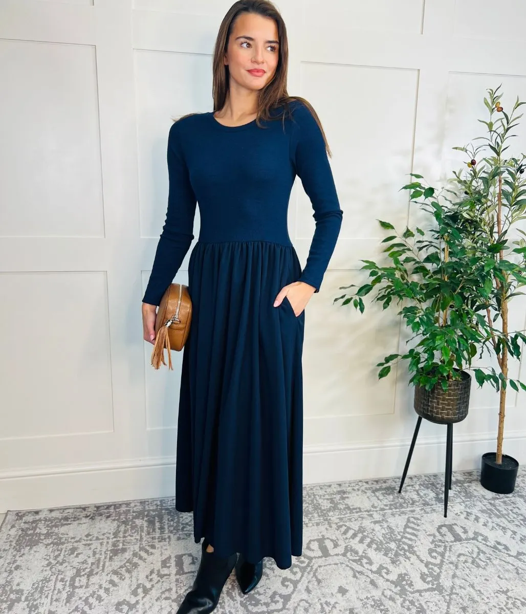 Navy Knitted Bodice Midi Dress