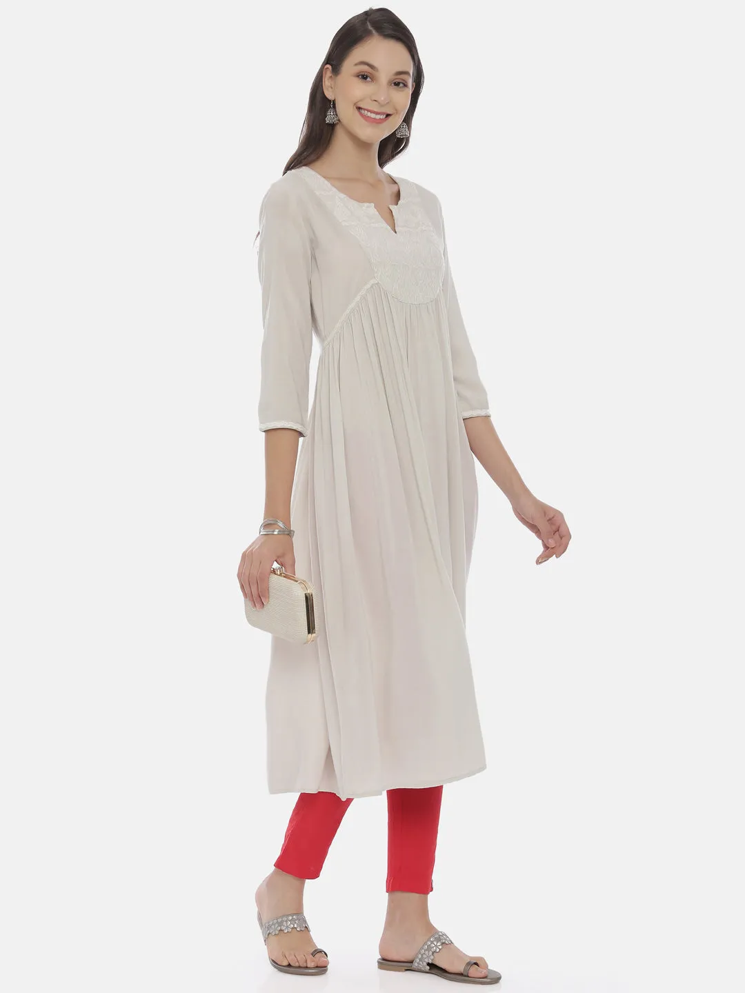 Neeru's Cream Color Rayon Fabric Tunic