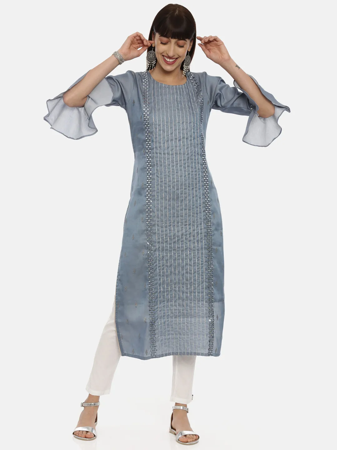 Neeru's Gray Color Chanderi Fabric Tunic