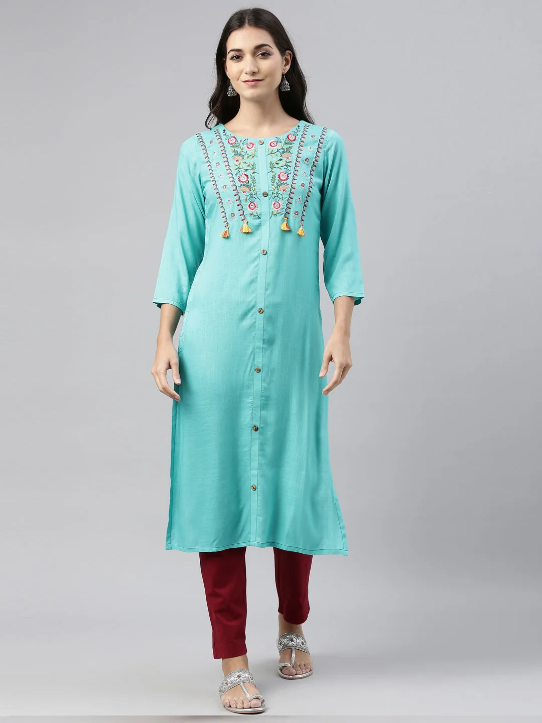 Neeru's Sea Green Color Slub Rayon Fabric Tunic