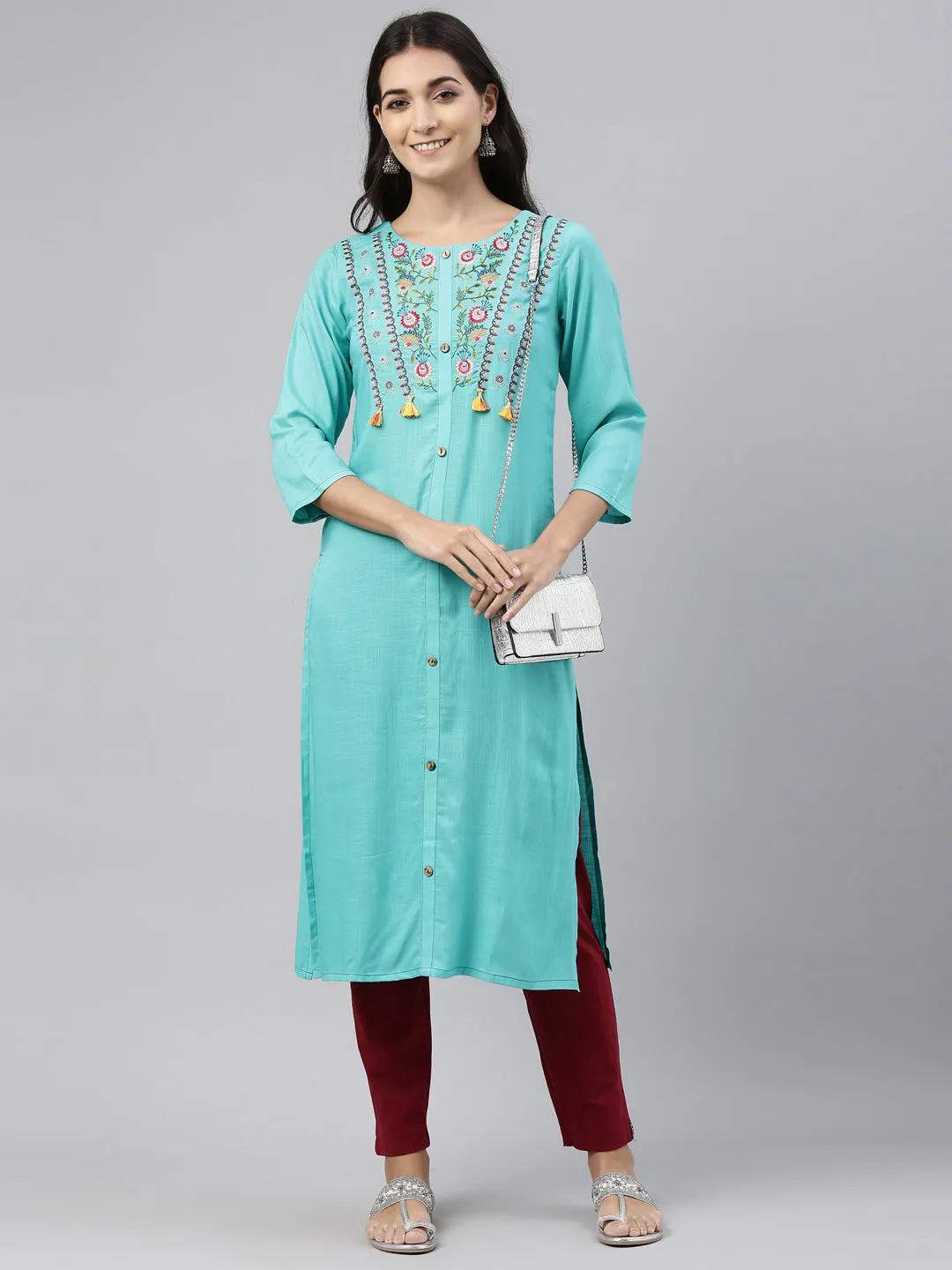 Neeru's Sea Green Color Slub Rayon Fabric Tunic