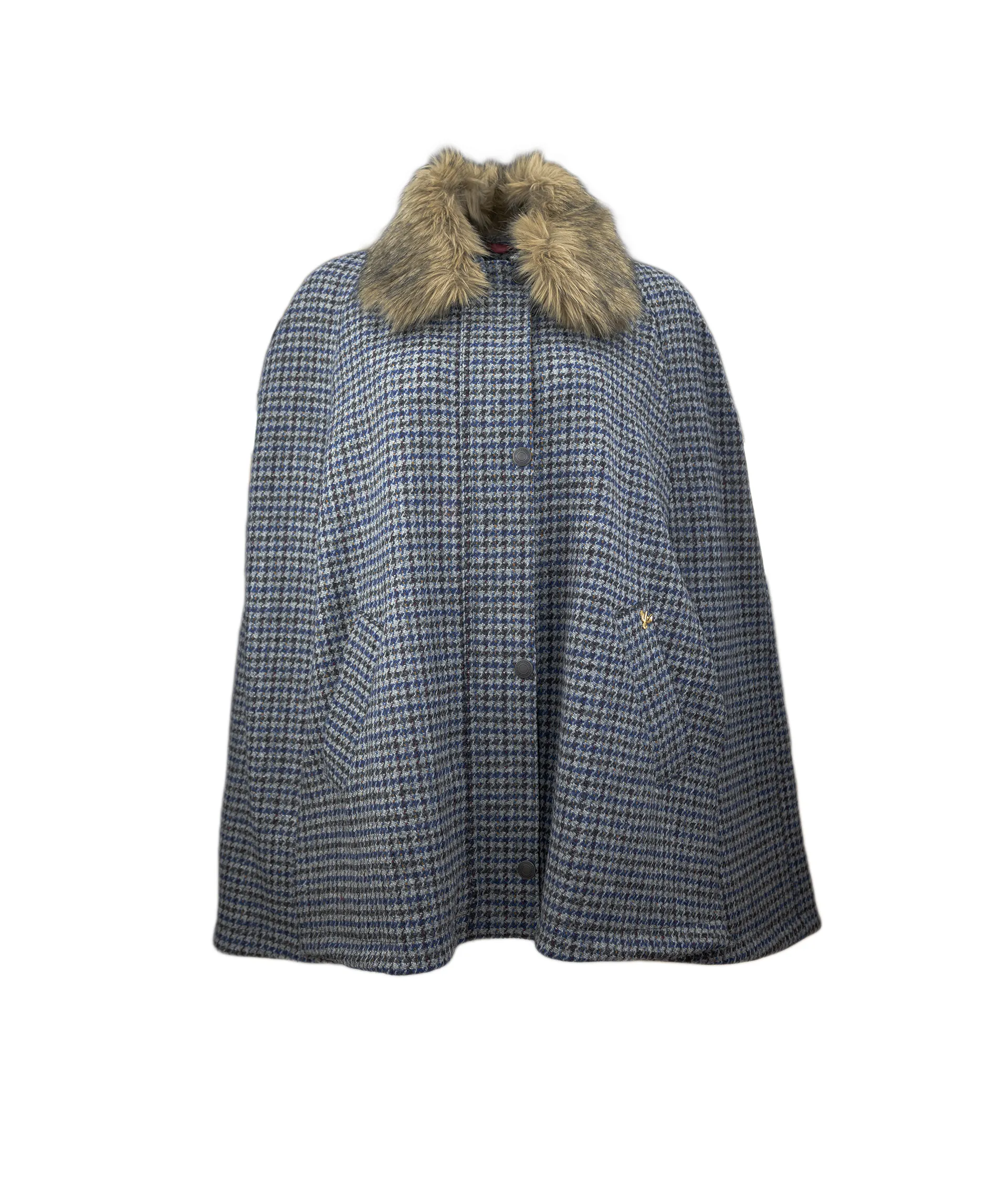 Newbury Tweed Cape with Faux Fur Collar - Navy and Grey Houndstooth