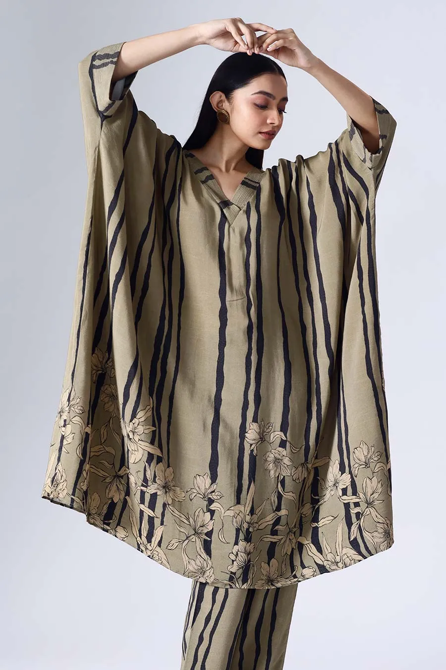 Olive & Black Floral Stripe Long Kaftan Set