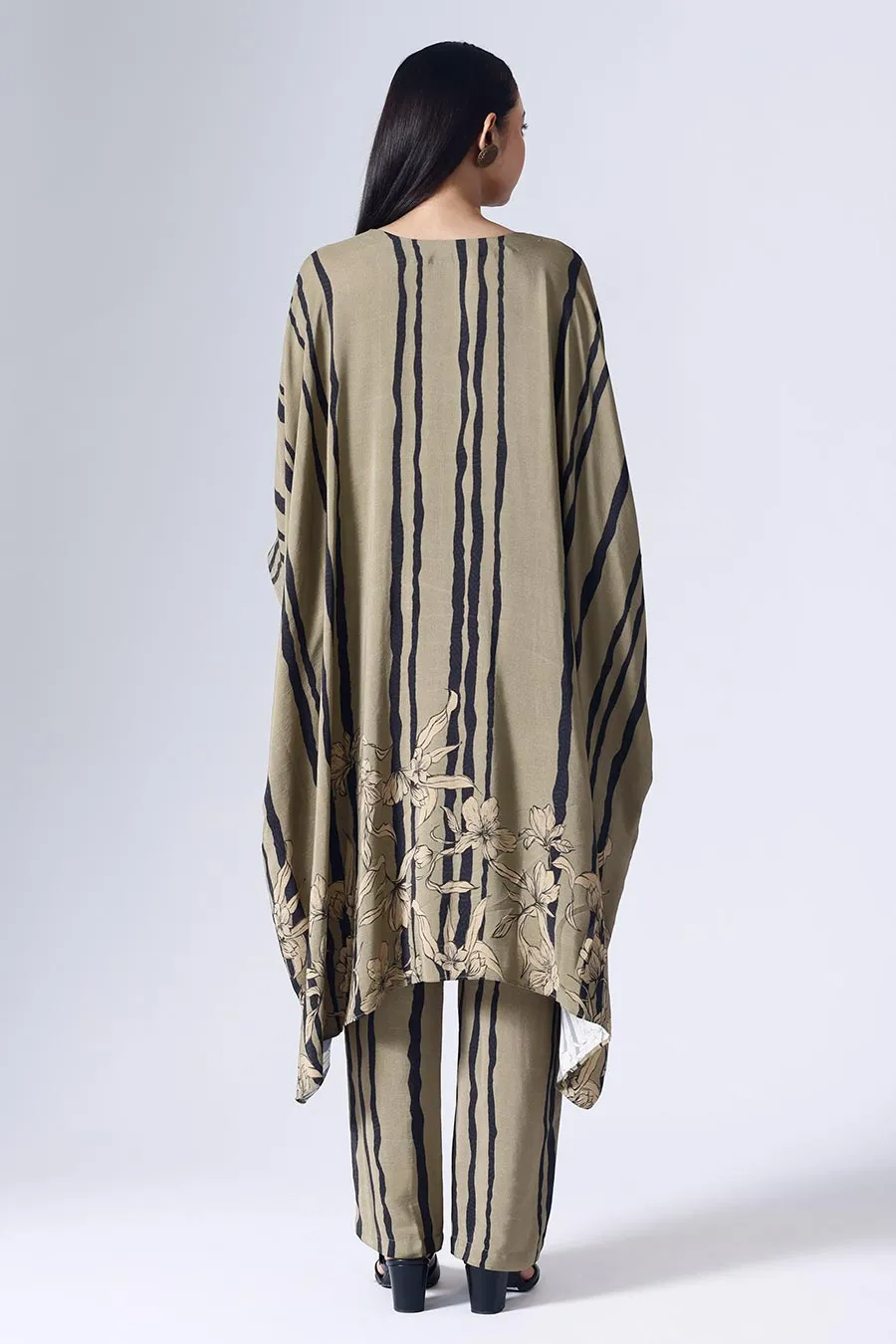 Olive & Black Floral Stripe Long Kaftan Set