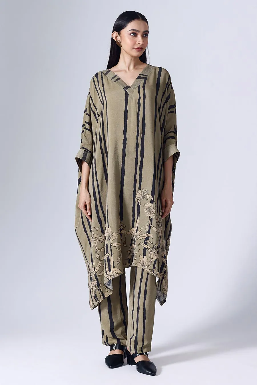 Olive & Black Floral Stripe Long Kaftan Set