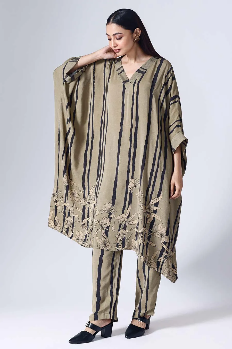 Olive & Black Floral Stripe Long Kaftan Set