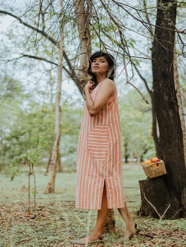 Peach Cotton Round Pockets Sleeveless Tunic Dress