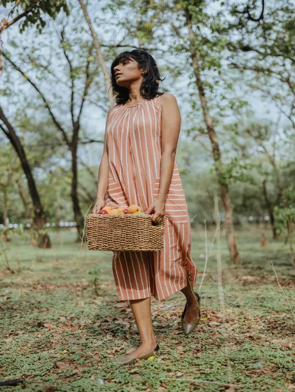 Peach Cotton Round Pockets Sleeveless Tunic Dress