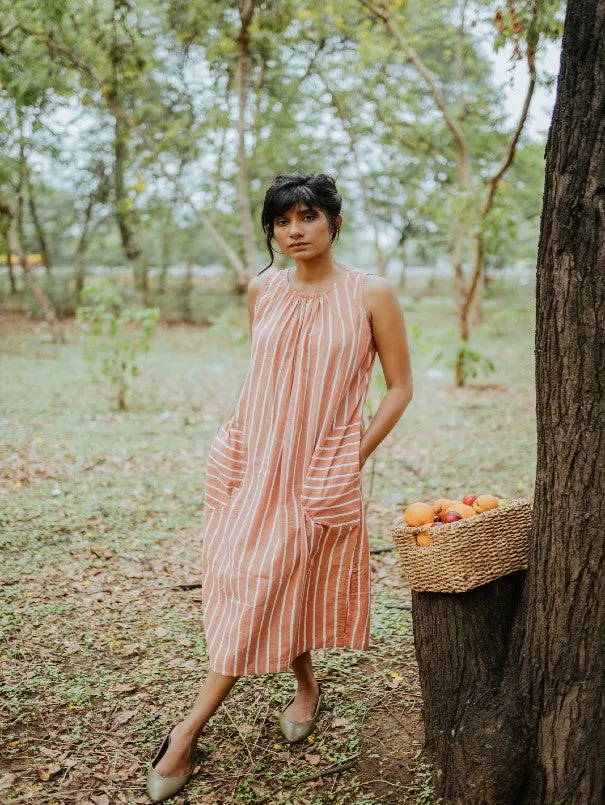 Peach Cotton Round Pockets Sleeveless Tunic Dress