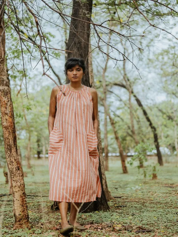 Peach Cotton Round Pockets Sleeveless Tunic Dress