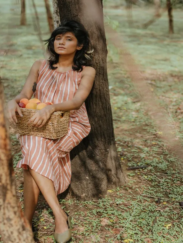 Peach Cotton Round Pockets Sleeveless Tunic Dress