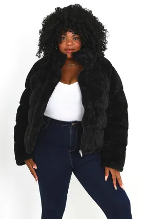 PLUS SIZE BLACK FAUX FUR PADDED PUFFER JACKET