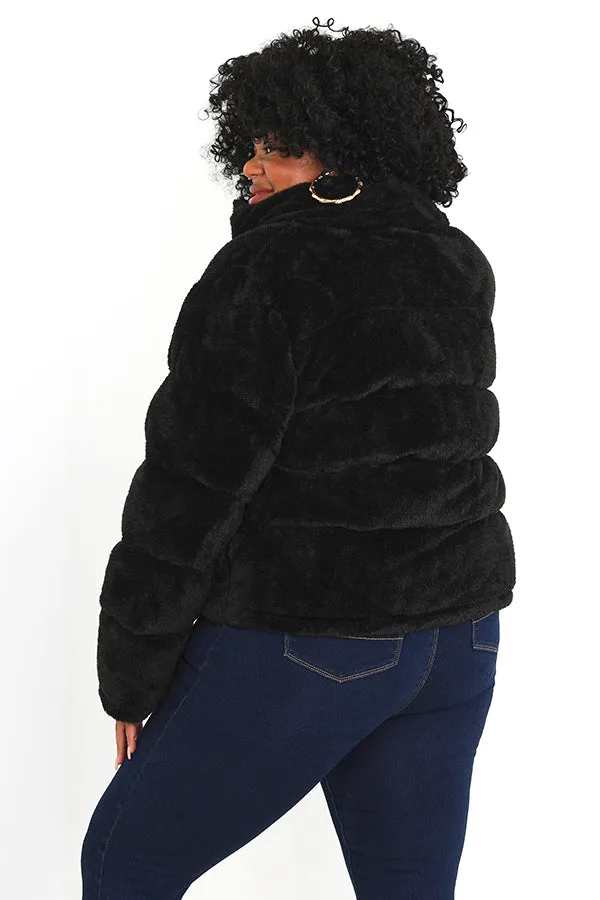 PLUS SIZE BLACK FAUX FUR PADDED PUFFER JACKET