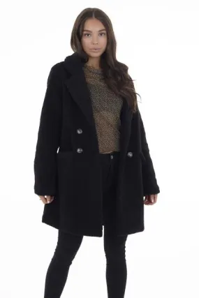 PLUS SIZE BLACK LONGLINE STEAM CURLED FAUX FUR COAT