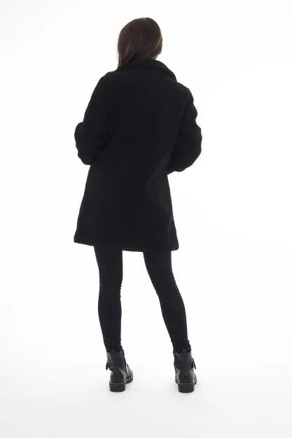 PLUS SIZE BLACK LONGLINE STEAM CURLED FAUX FUR COAT