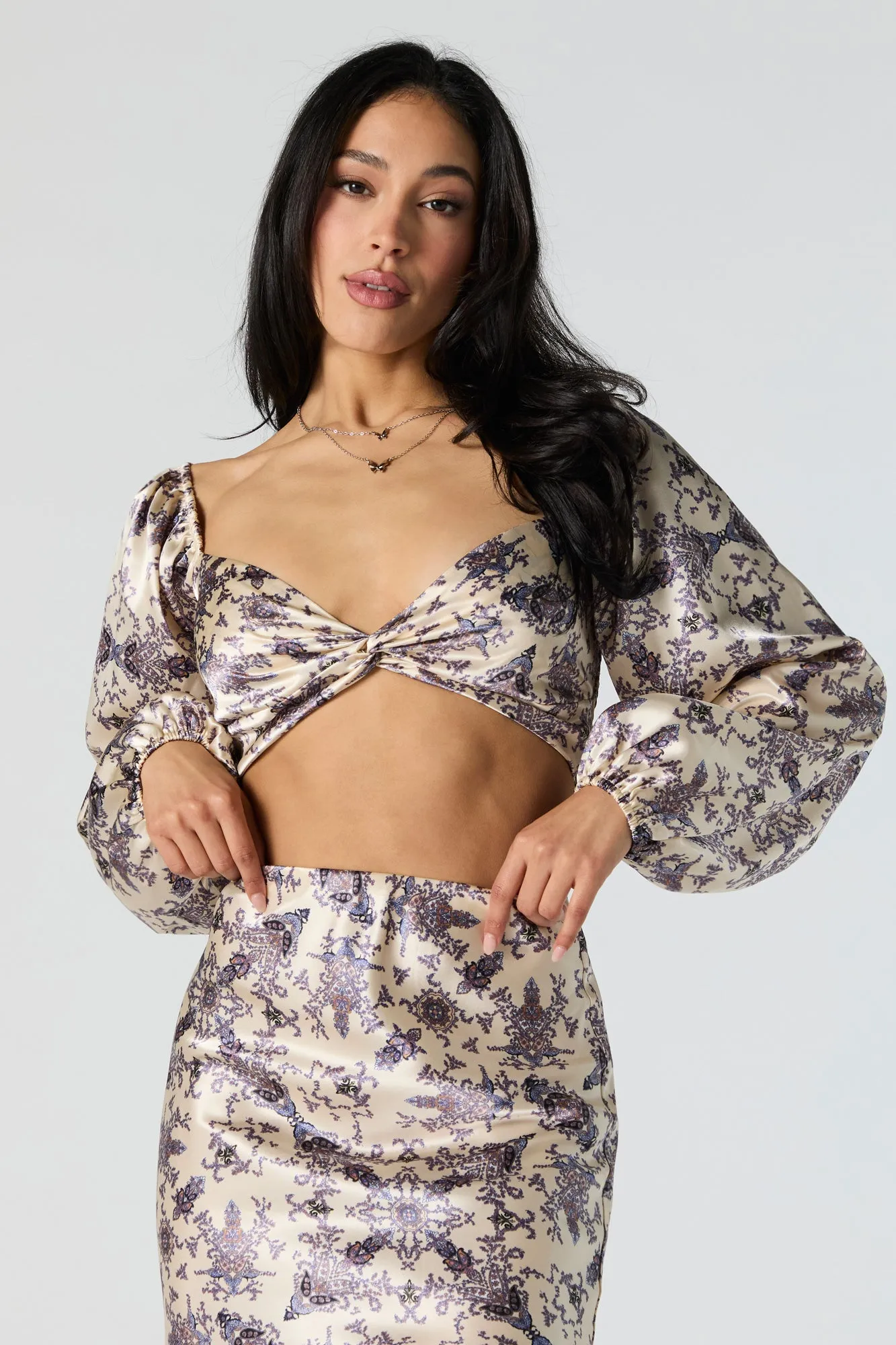 Printed Satin Front Twist Long Sleeve Crop Top