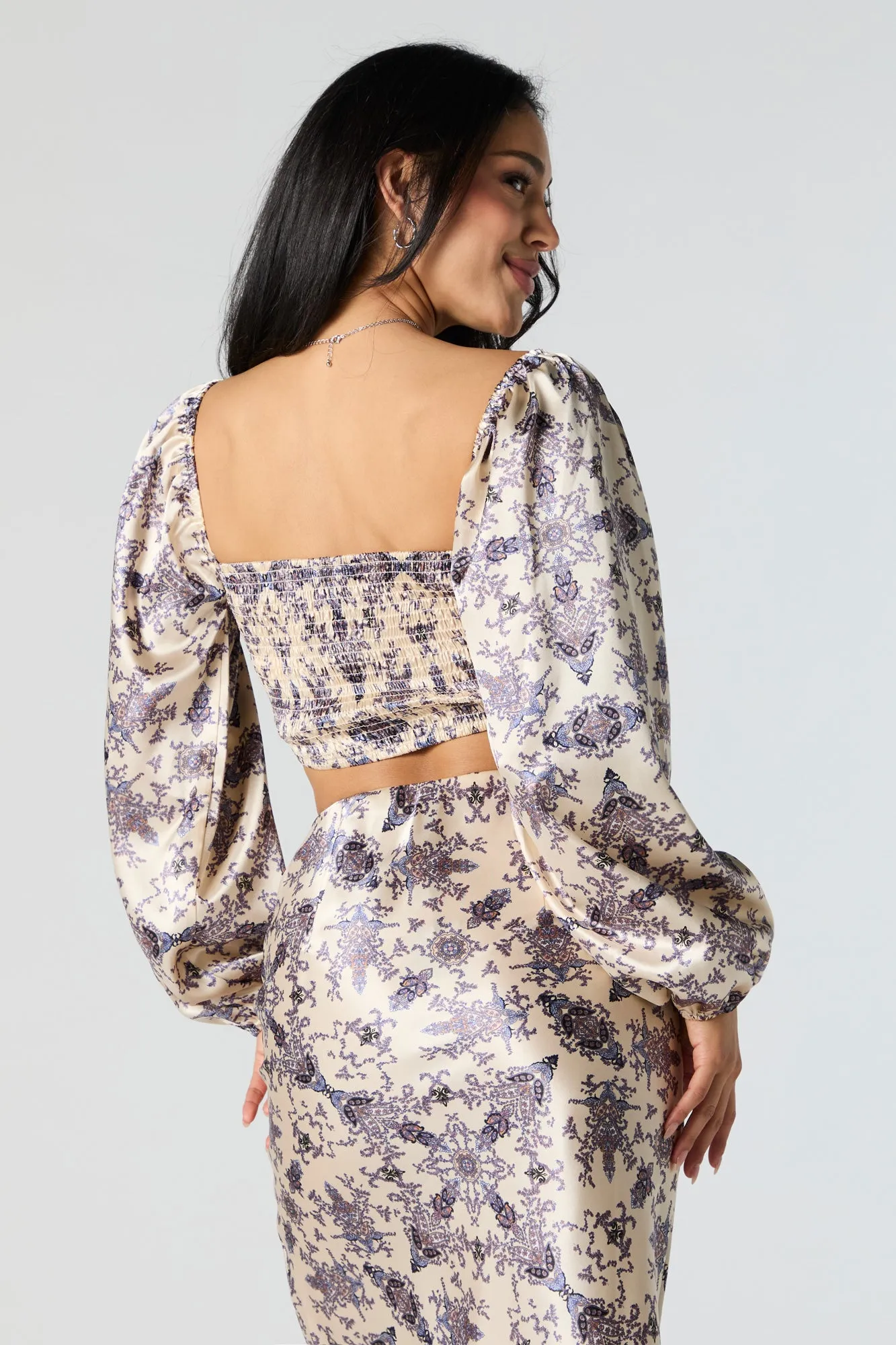 Printed Satin Front Twist Long Sleeve Crop Top