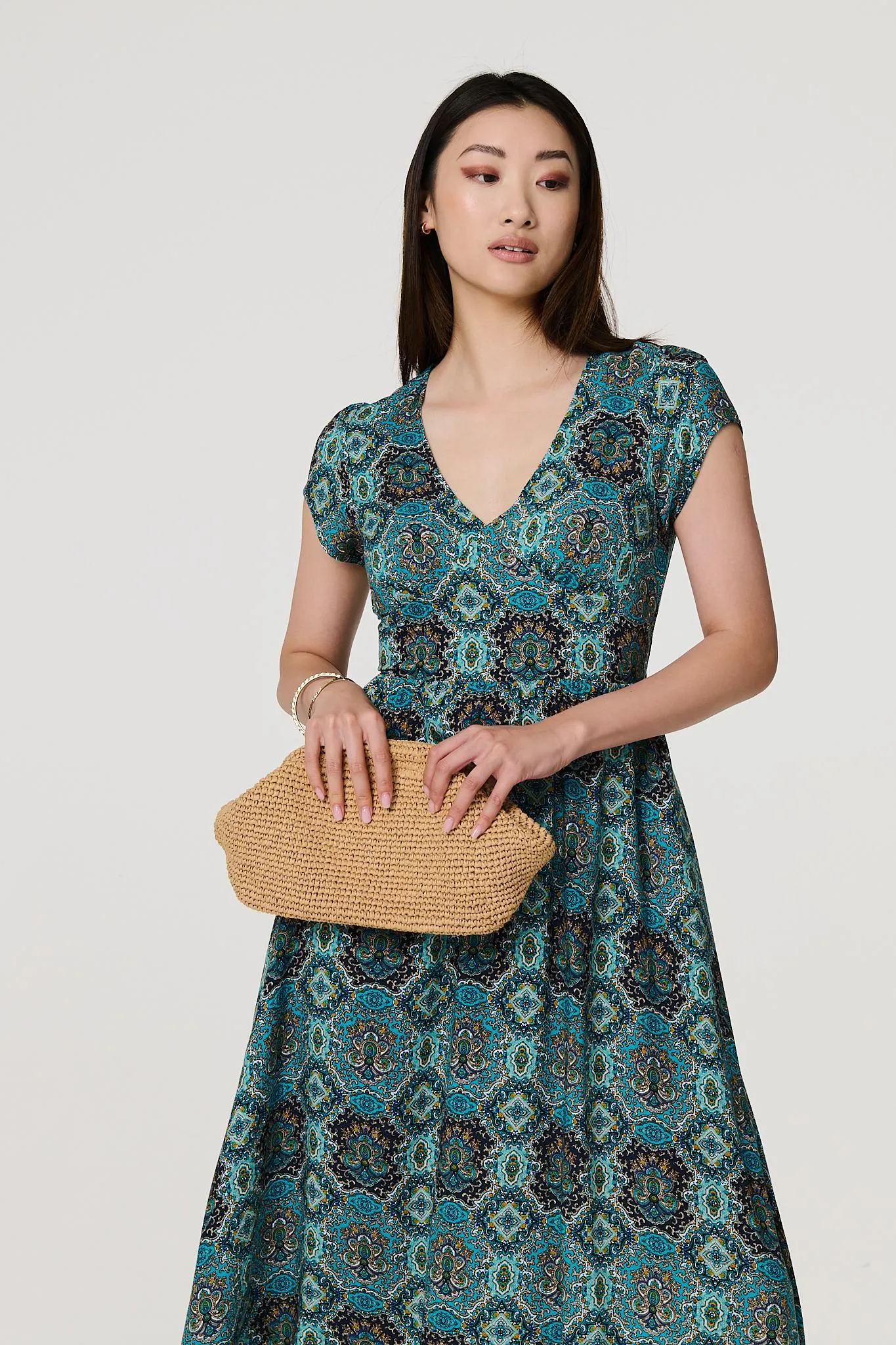 Printed V-Neck Cap Sleeve Midi Dress