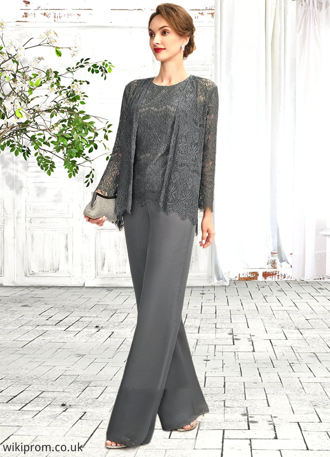 Priscilla Jumpsuit/Pantsuit Scoop Neck Floor-Length Chiffon Lace Mother of the Bride Dress SWK126P0015006