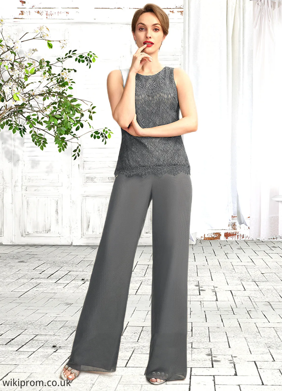 Priscilla Jumpsuit/Pantsuit Scoop Neck Floor-Length Chiffon Lace Mother of the Bride Dress SWK126P0015006