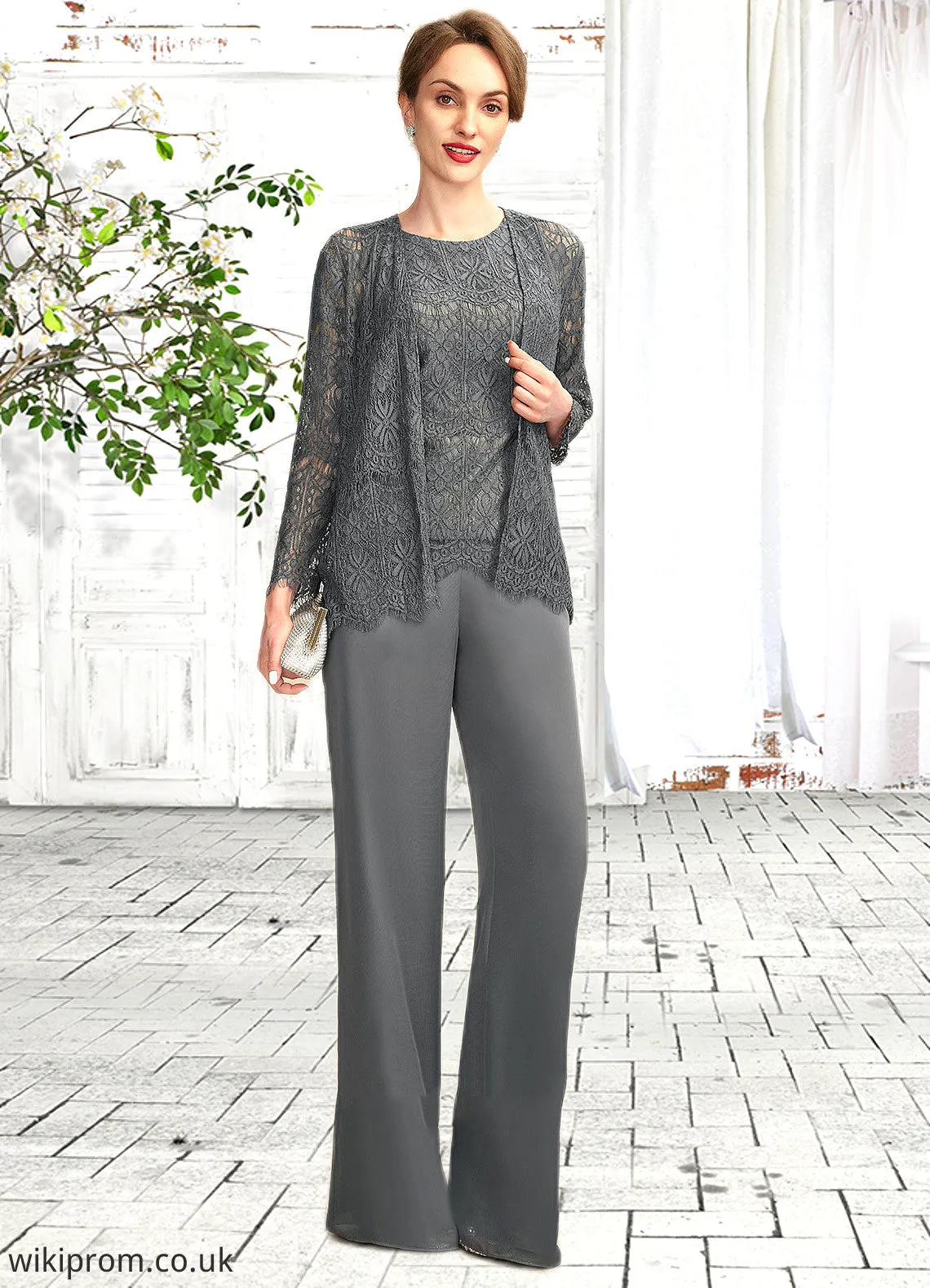 Priscilla Jumpsuit/Pantsuit Scoop Neck Floor-Length Chiffon Lace Mother of the Bride Dress SWK126P0015006