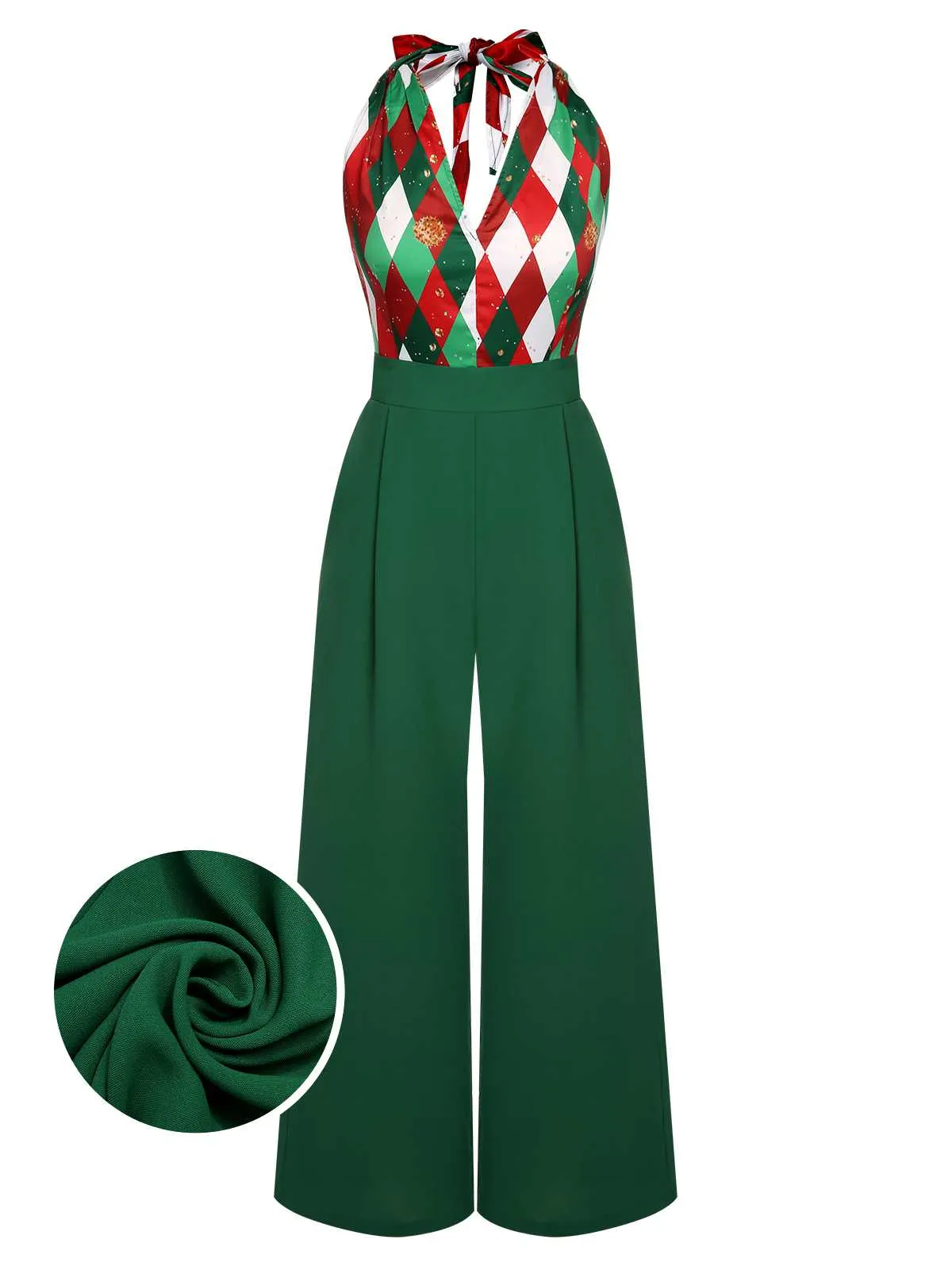 Red 1930s Christmas Plaid Lace Patchwork Jumpsuit