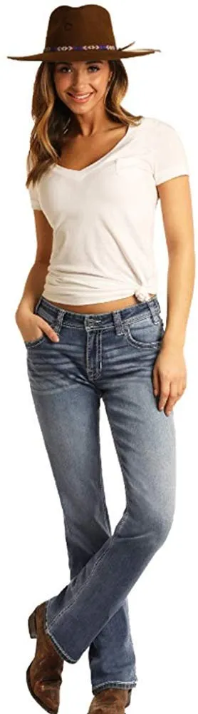 Rock and Roll Cowgirl Mid Rise Boyfriend Jeans, Medium Wash, 26x34