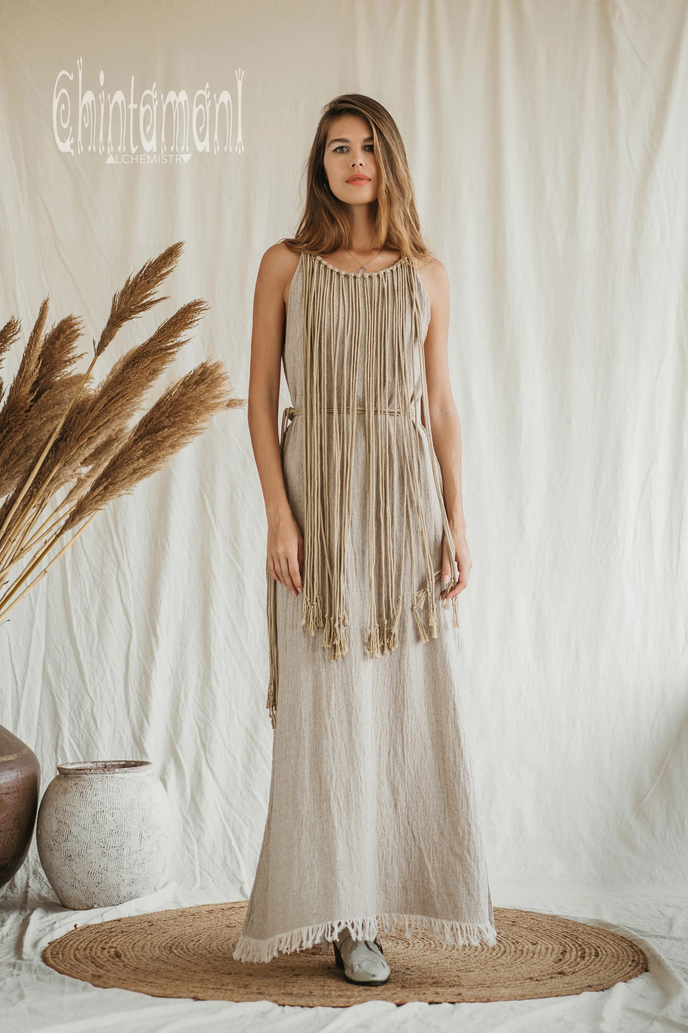 Rope Collar Boho Maxi Dress / Beige