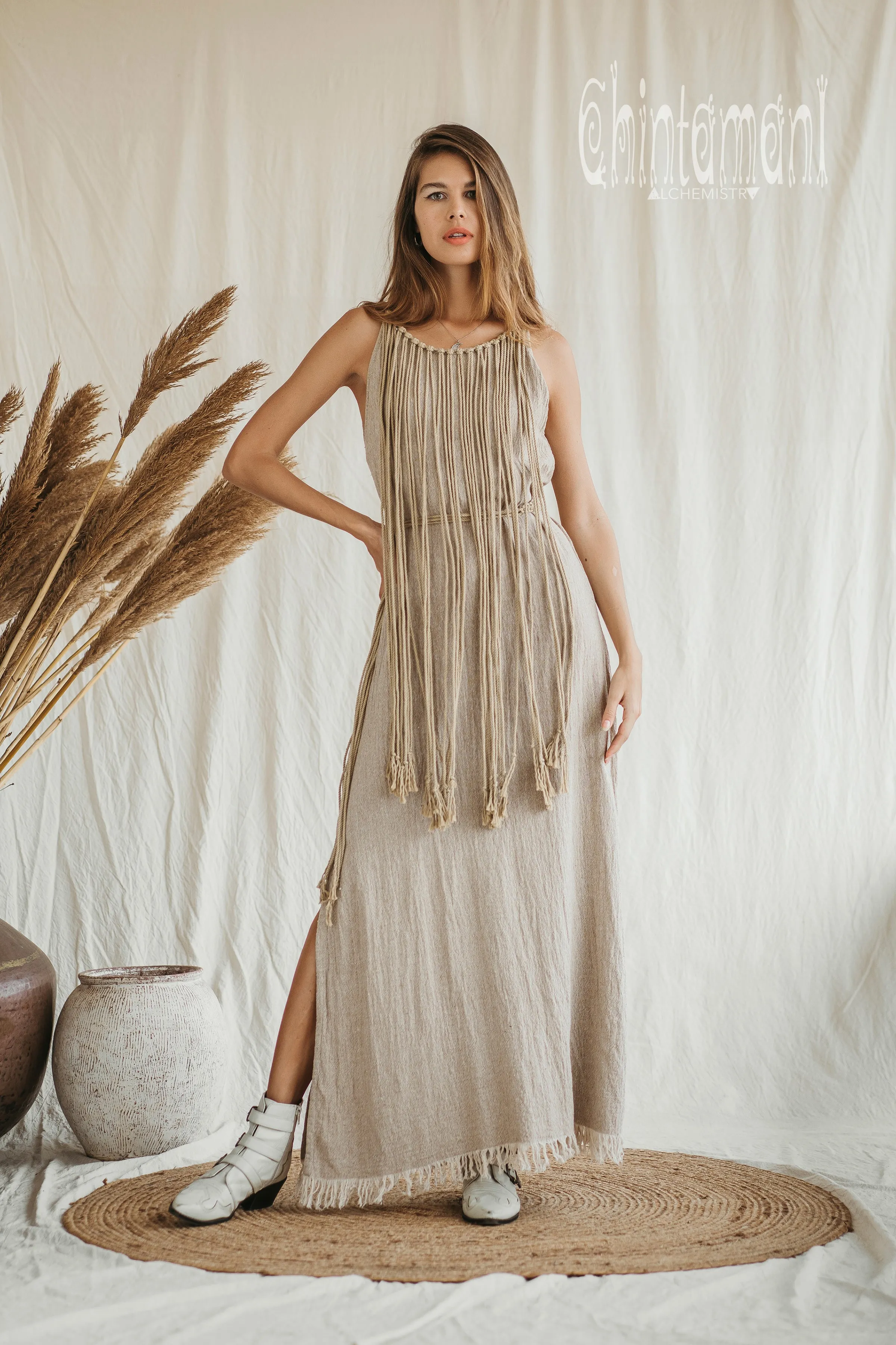 Rope Collar Boho Maxi Dress / Beige