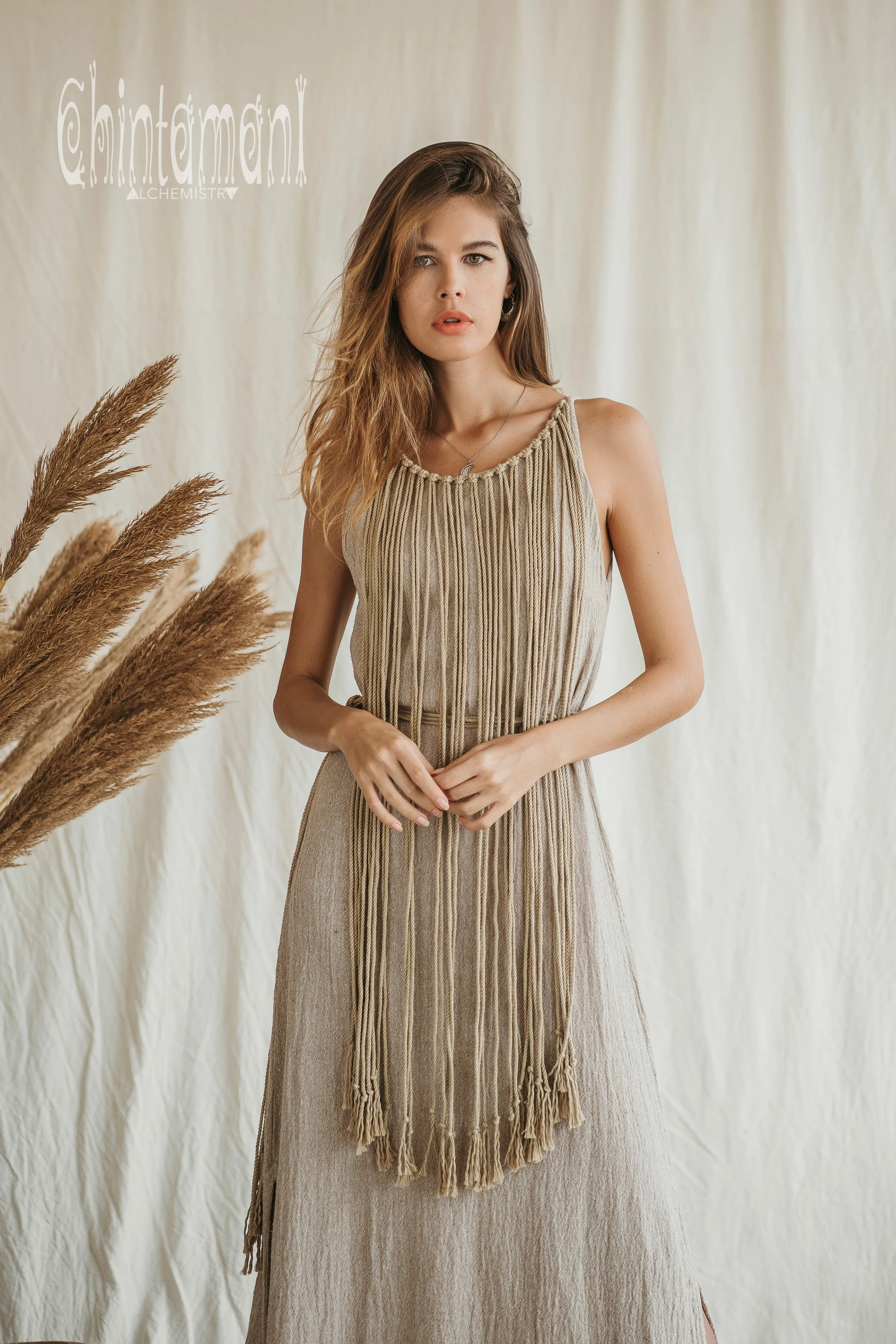 Rope Collar Boho Maxi Dress / Beige