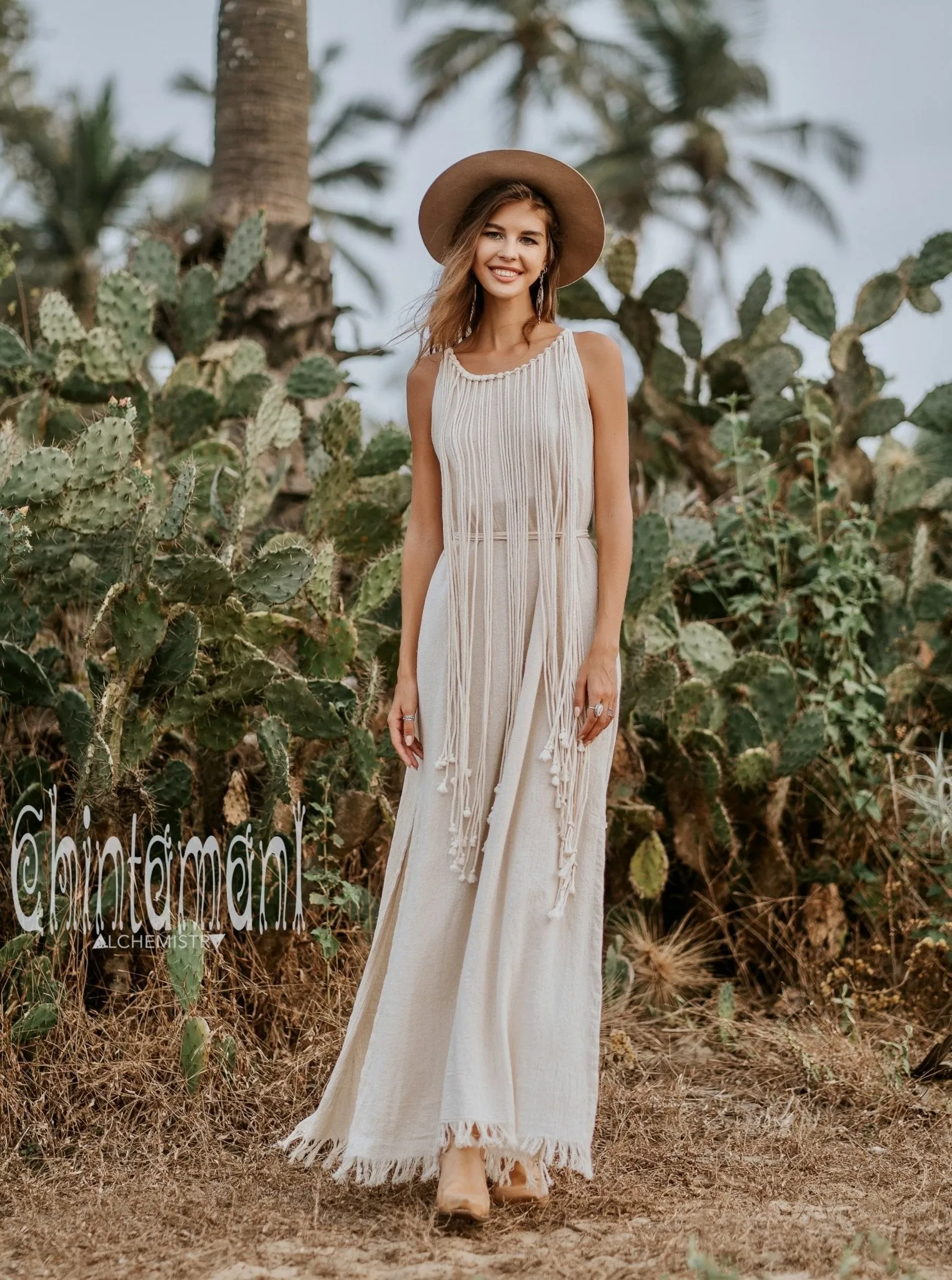 Rope Collar Boho Maxi Dress / Off White