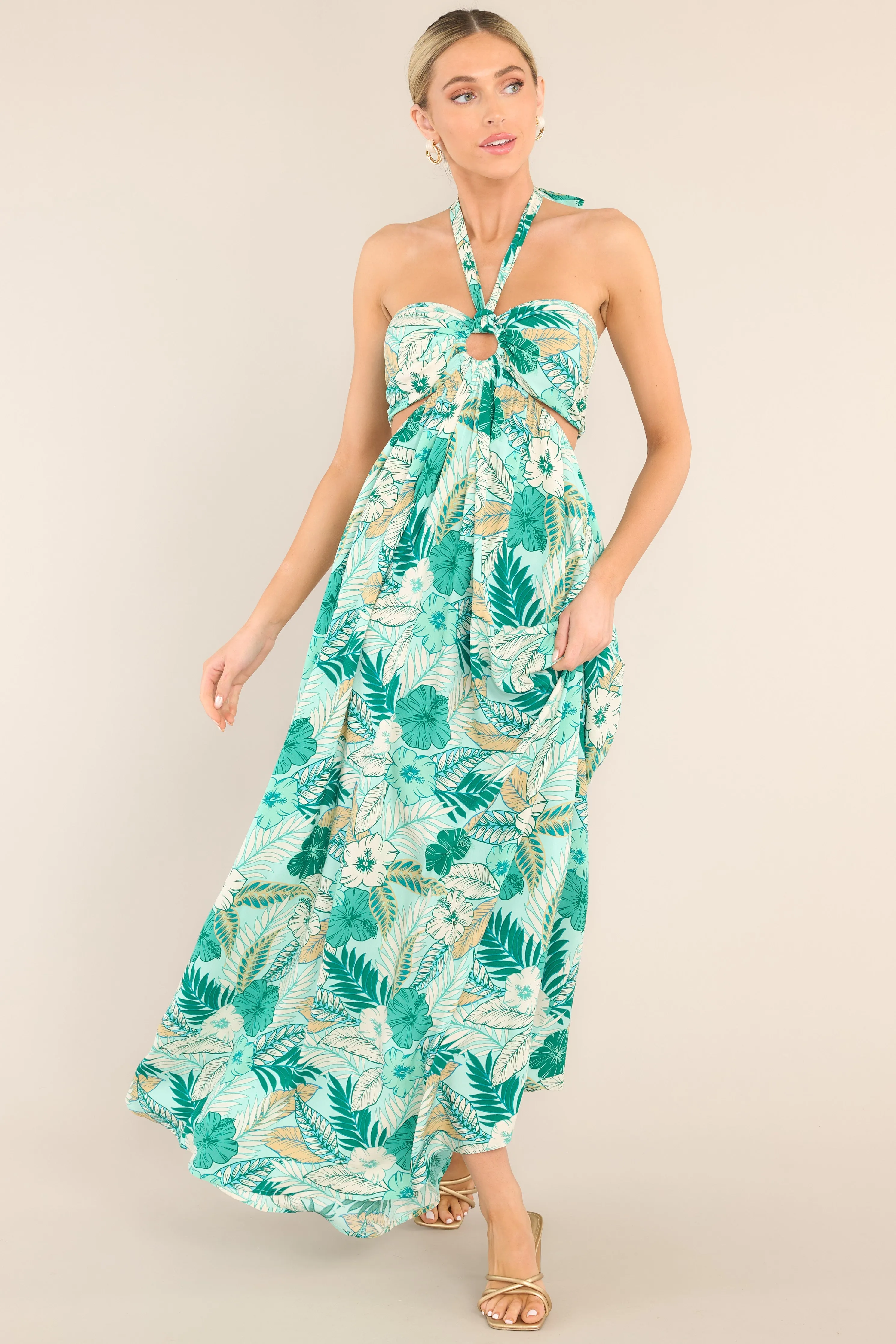 Serenity Breeze Teal Halter Tropical Print Maxi Dress