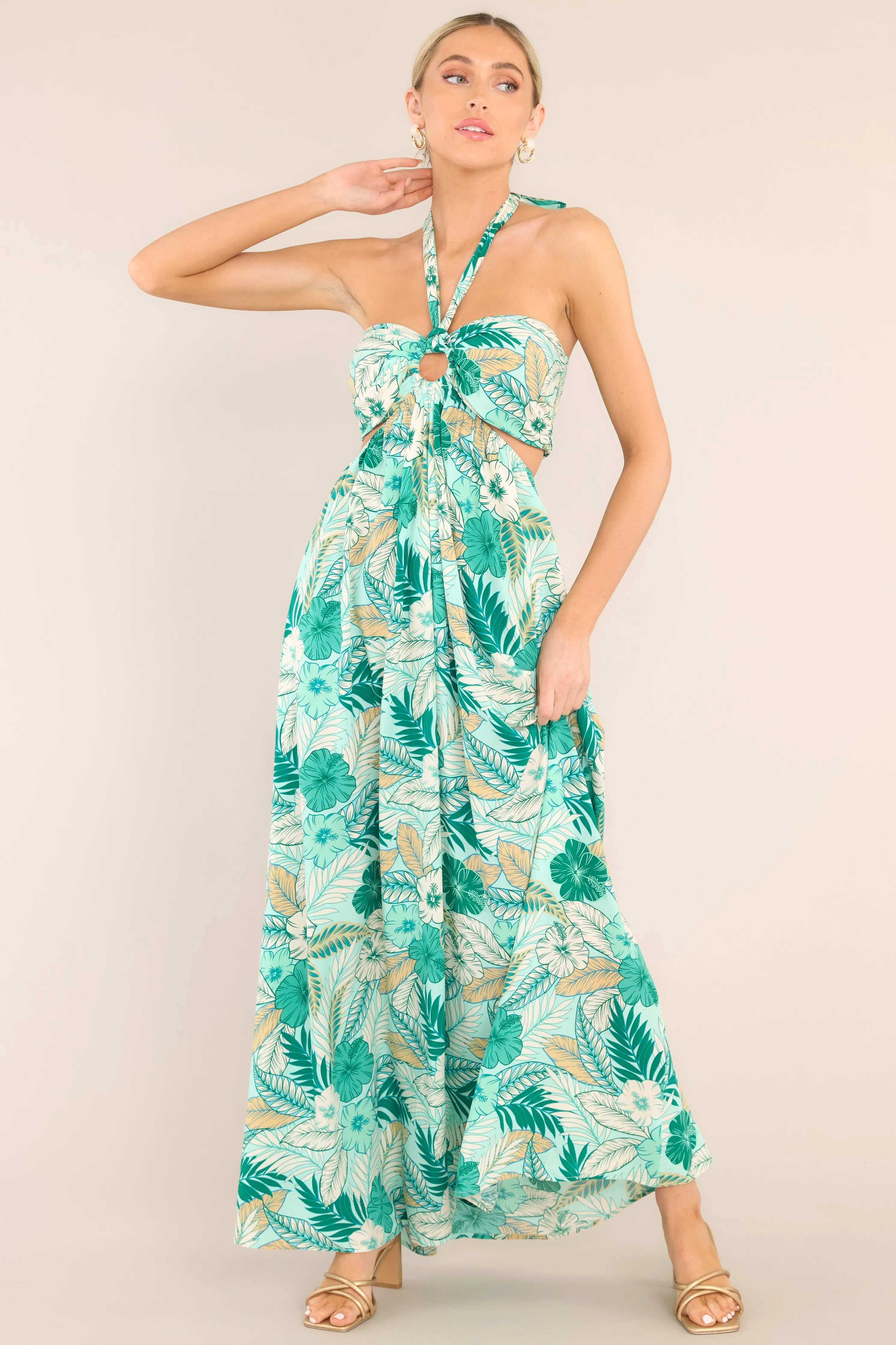 Serenity Breeze Teal Halter Tropical Print Maxi Dress