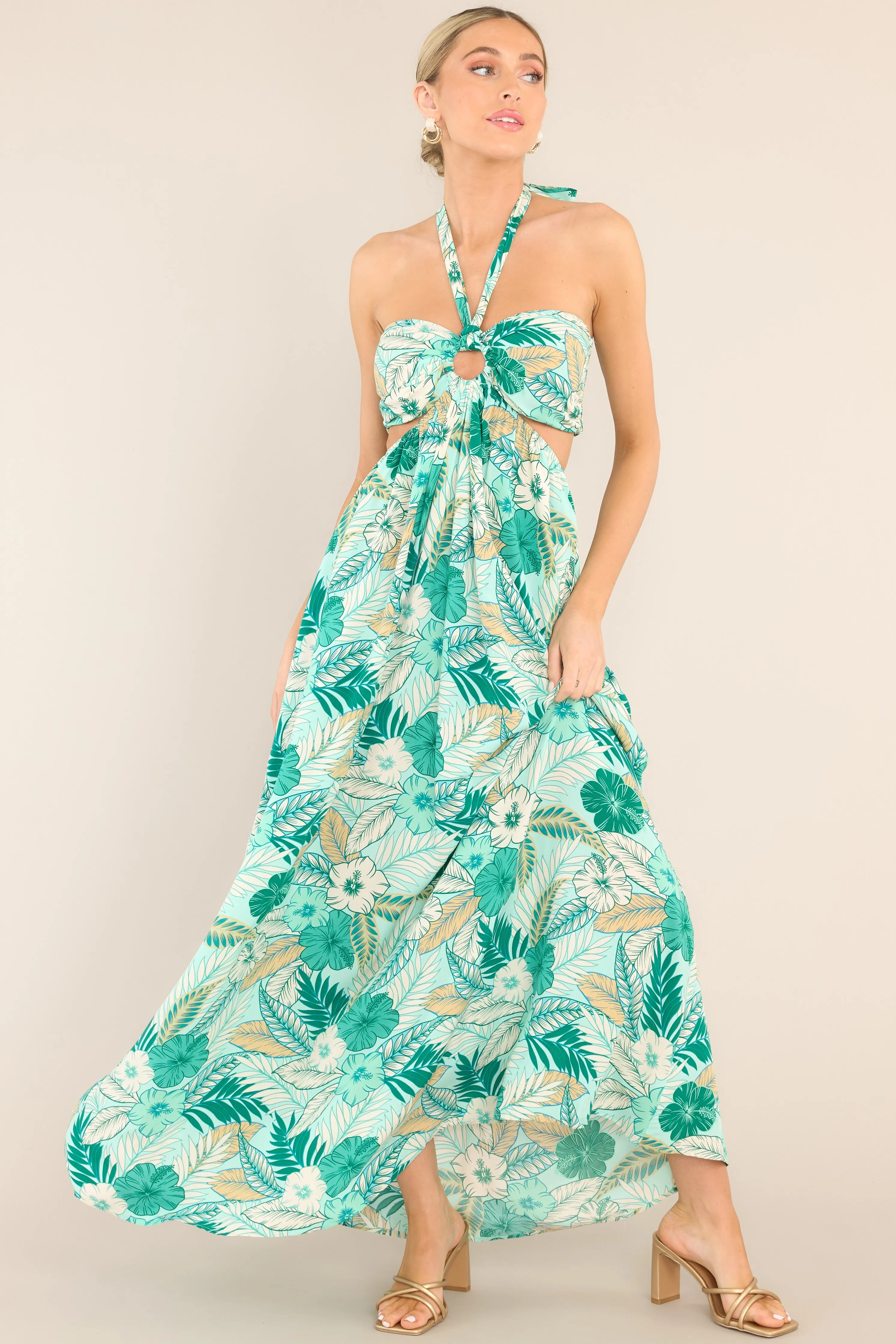 Serenity Breeze Teal Halter Tropical Print Maxi Dress