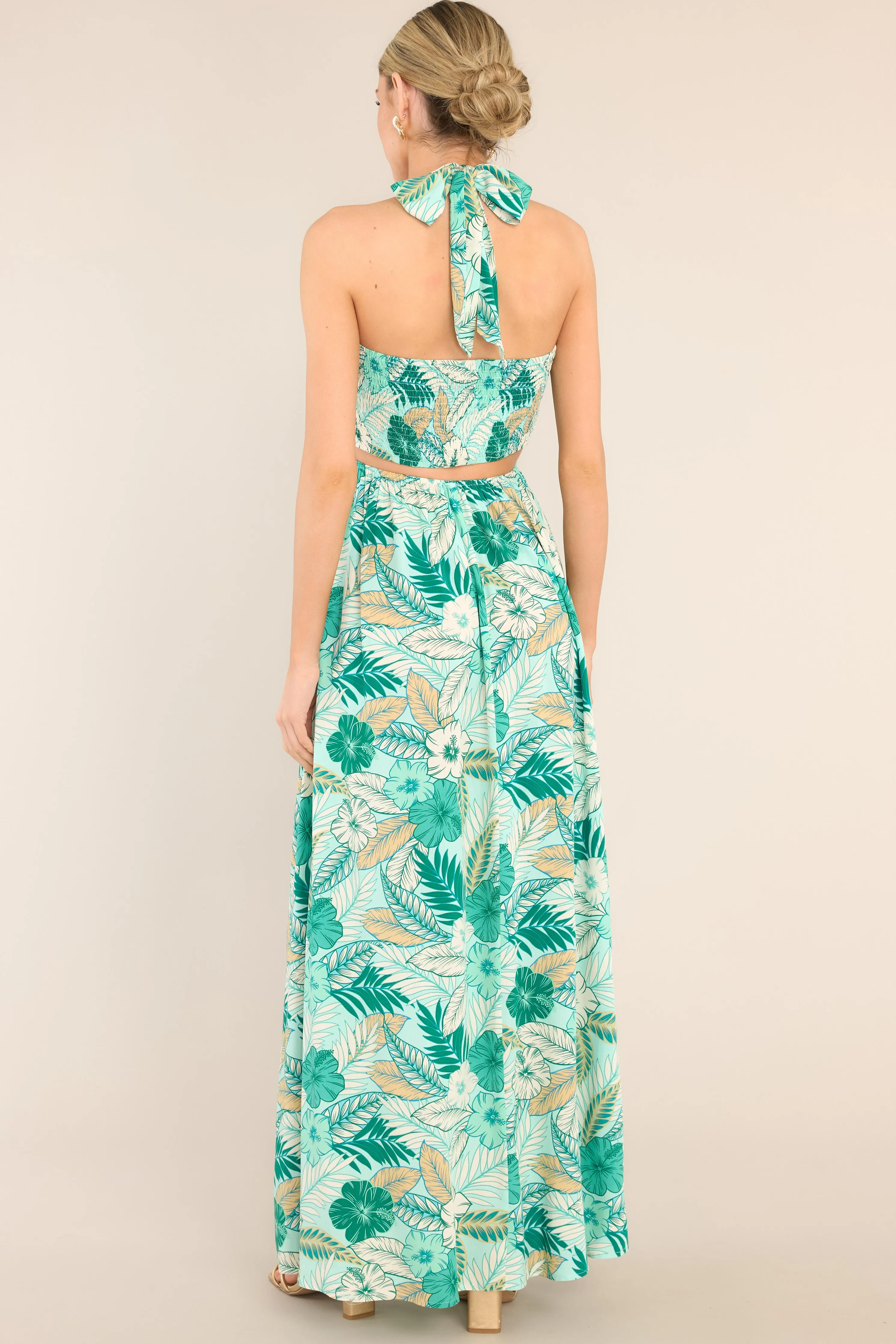 Serenity Breeze Teal Halter Tropical Print Maxi Dress