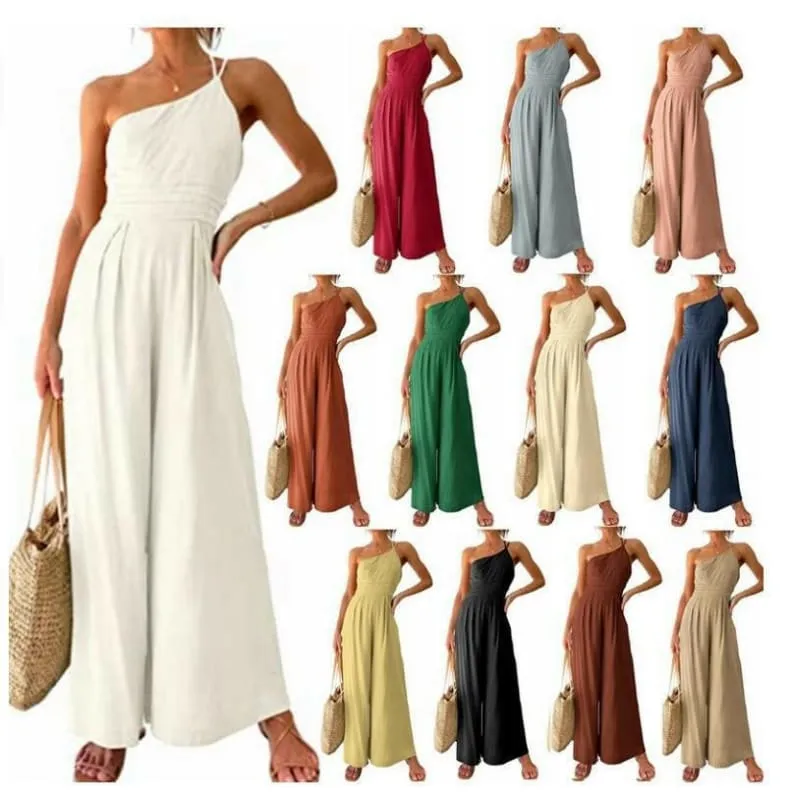 Sexy Camisole Waist Wide Leg Sleeveless Cotton Linen Jumpsuit